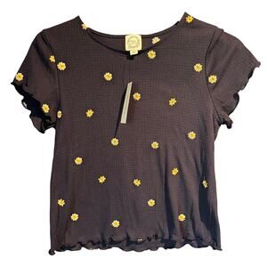 NWT Francesca's Size Large Cottagecore Waffle knit Daisy Print Short Sleeve Crop